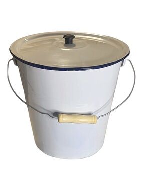 1 of the Park White Enamel Kitchen Bucket with Lid and Wooden Handle